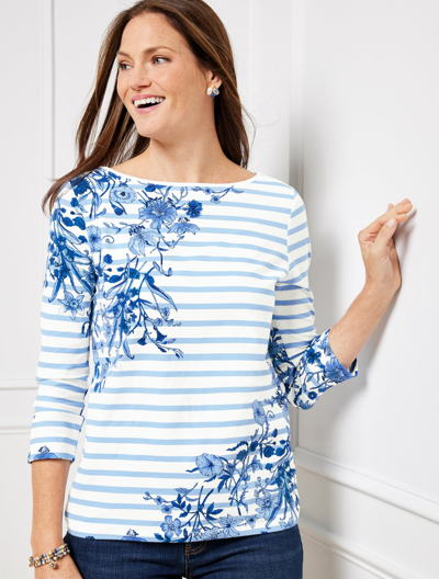 Talbots Bateau Neck T-shirt - Whimsical Garden Stripe - Ivory/blue - 2x  In Ivory,blue