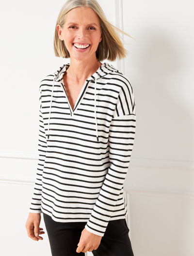 Talbots Petite - Hooded Ribbed Pullover Sweater - Volley Stripe - White/black - Large  In White,black