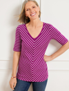 Talbots Petite - V-neck T-shirt - Strafford Stripe - Vivid Mulberry/white - Small - 100% Cotton  In Vivid Mulberry,white
