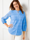Talbots Misses - Eyelet Button Front Top - Blue Iris - Small - 100% Cotton  In Blue Iris