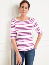 Talbots Petite - Effortless Jersey Raglan T-shirt - Cheerful Stripe - White/vivid Mulberry - Large  In White,vivid Mulberry