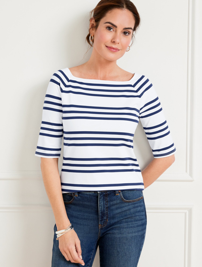 Talbots Plus Size - Effortless Jersey Raglan T-shirt - Cheerful Stripe - White/ink - 2x  In White,ink