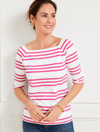 Talbots Effortless Jersey Raglan T-shirt - Cheerful Stripe - White/pink - 2x  In White,pink