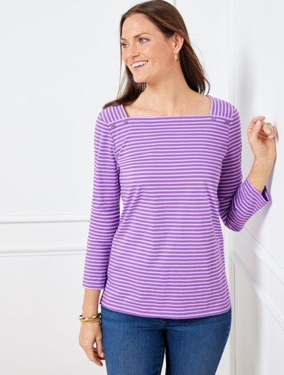 Talbots Plus Size - Button Shoulder Square Neck Top - Stripe - Lavender Tulip/wisteria - 1x - 100% Cotton Ta In Lavender Tulip,wisteria