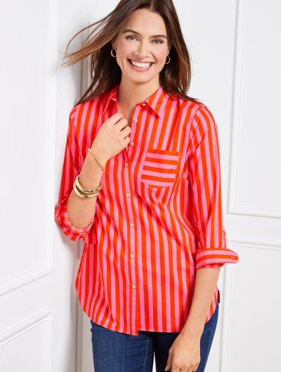 Talbots Cotton Button Front Shirt - Garden Stripe - Bright Tangerine - 3x