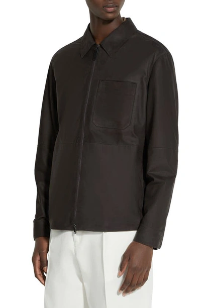Zegna Leather Nubuck Overshirt In Dark Brown