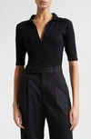 Vince Elbow-sleeve Silk Rib Polo Shirt In 001blk-black