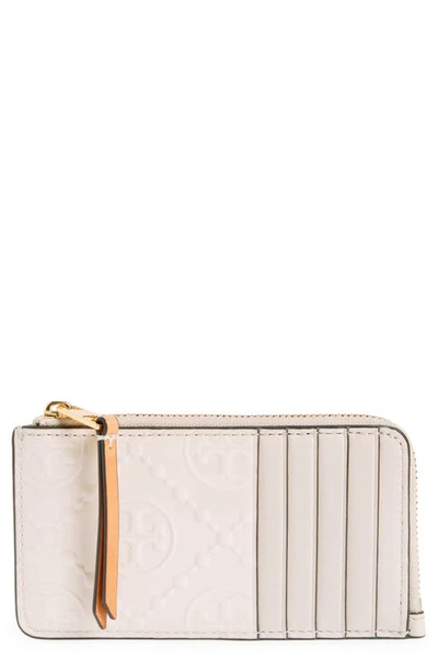 Tory Burch T Monogram Patent Embossed Leather Zip Card Case In Light Cream