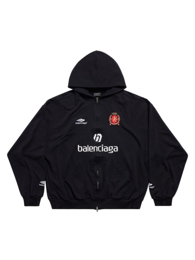 Balenciaga 2024 Soccer Oversized Logo-detailed Cotton-jersey Zip-up Hoodie In Black