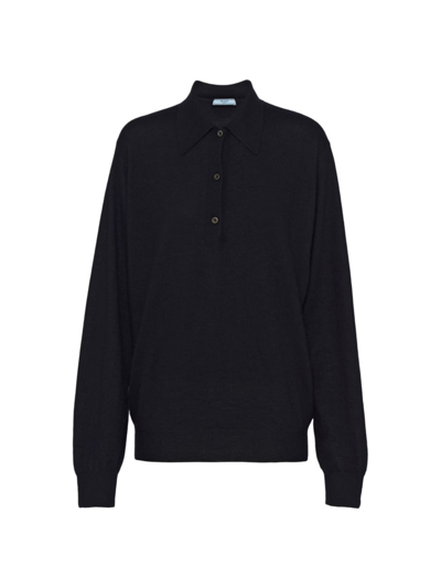 Prada Long-sleeved Knitted Polo Shirt In Black