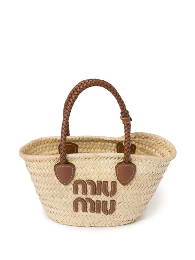 Miu Miu Logo-appliqué Woven Tote Bag In Naturale+cognac