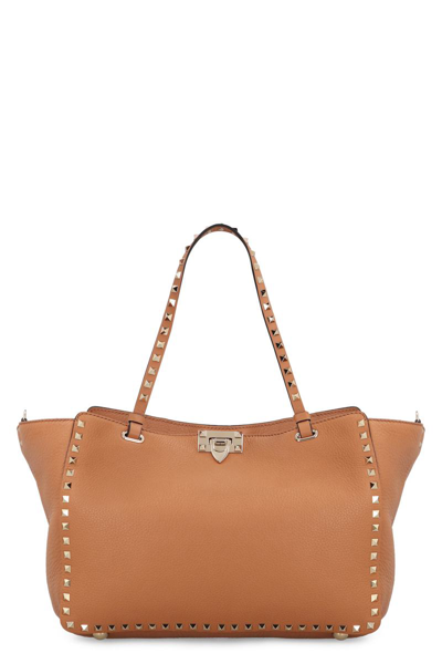 Valentino Garavani Valentino  - Rockstud Leather Medium Bag In Saddle Brown