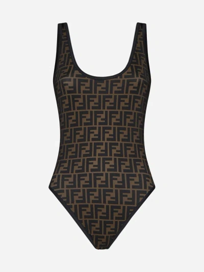 Fendi Ff Print One-piece Swimsuit In Black,brown