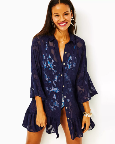 Lilly Pulitzer Linley Cover-up In True Navy Poly Crepe Swirl Clip