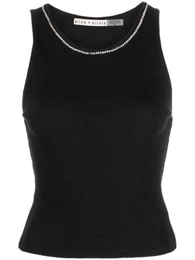 Alice And Olivia Ribbed-knit Crystal-embellished Top In Black