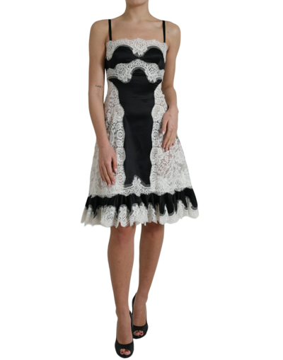 DOLCE & GABBANA BLACK WHITE LACE SEE THROUGH A-LINE SLEEVELESS DRESS