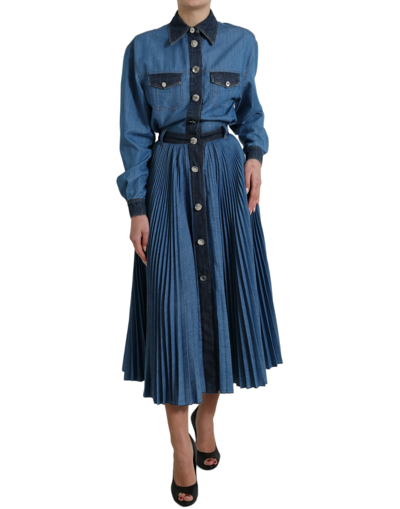 Dolce & Gabbana Blue Collared Denim Pleated A-line Midi Dress