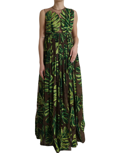 DOLCE & GABBANA GREEN BANANA LEAF SLEEVELESS LONG MAXI DRESS