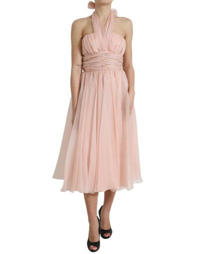 DOLCE & GABBANA PINK SILK CHIFFON HALTER A-LINE PLEATED MIDI DRESS