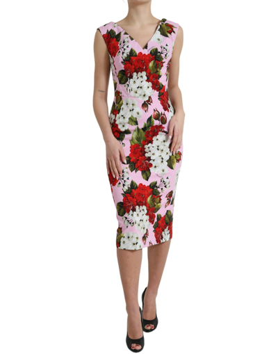 Dolce & Gabbana Pink Viscose Pink Floral V-neck Sheath Midi Dress