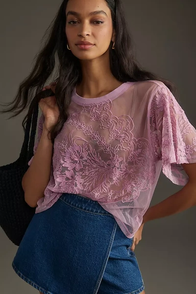 By Anthropologie Short-sleeve Embroidered Mesh Top In Purple