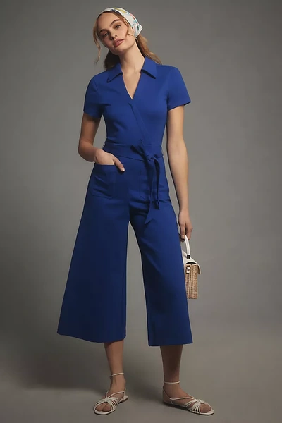 Maeve Wrapped Culotte Ponte Jumpsuit In Blue