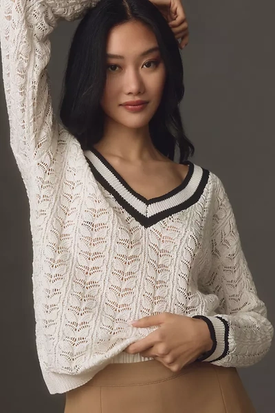 Flat White V-neck Pointelle Sweater In White