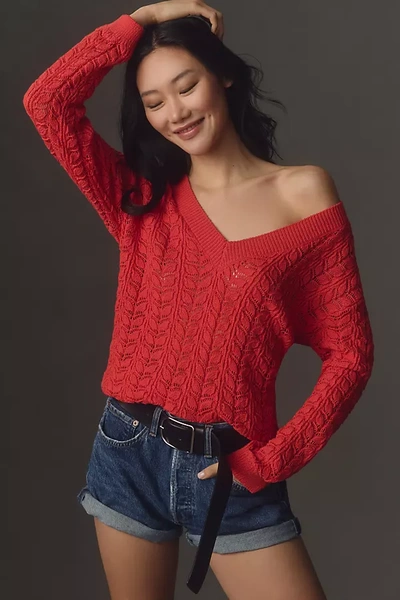 Flat White V-neck Pointelle Sweater In Red
