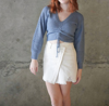 LUSH RUCHED TIE SWEATER IN DUSK BLUE