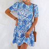 ANNVA FASHION ALICIA PRINTED SHORT SLEEVE DRESS IN BLUE