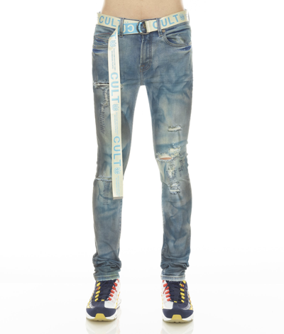 CULT OF INDIVIDUALITY PUNK SUPER SKINNY STRETCH W/BABY BLUE BELT IN KASSO