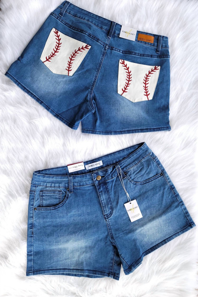 Rubies + Honey Women's Baseball Pocket Mid Rise Short In Blue