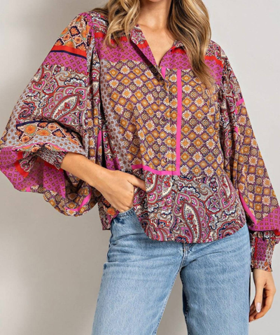 Eesome Women's Boho Puff Sleeve Top In Hot Pink & Red In Multi