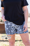CRAZY TRAIN HIGH RISE BACKROAD BRITCHES FRAY HEM SHORTS IN HEATHER COW