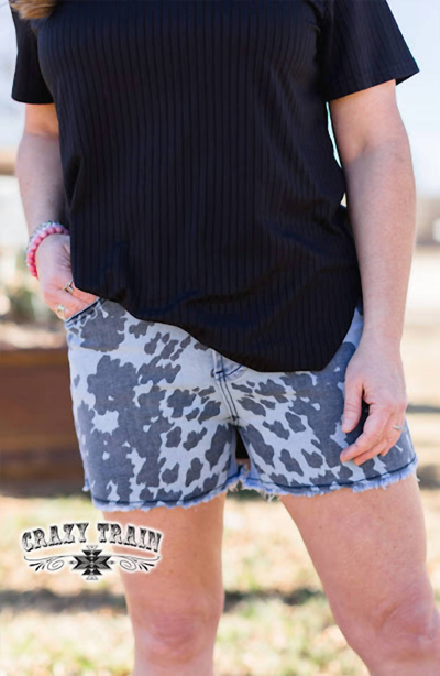 Crazy Train High Rise Backroad Britches Fray Hem Shorts In Heather Cow In Multi