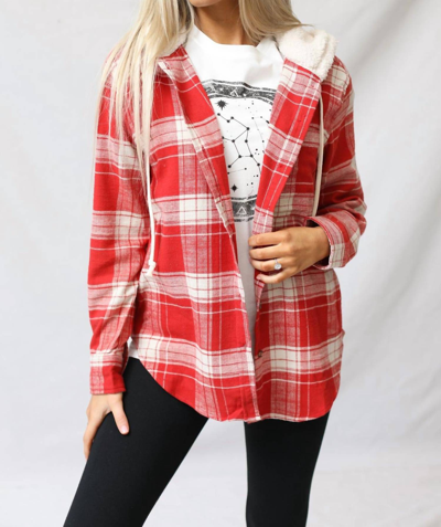 Love Tree Plaid Flannel With Hoodie Top In Red