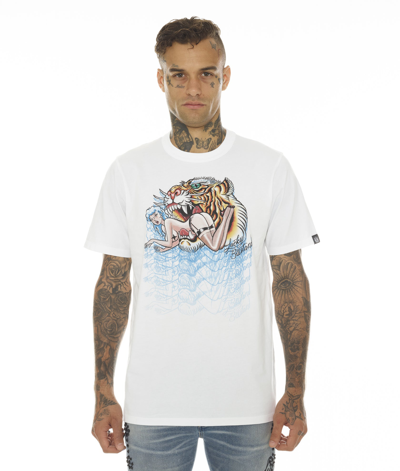Cult Of Individuality-men T-shirt Short Sleeve Crew Neck Tee"lucky Bastard Tiger" In White