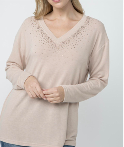 Vocal Apparel Vneck Long Sleeve Top With Stones On Neckline In Sand In Beige