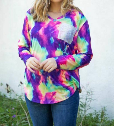 Lucky & Blessed Tie Dye V Neck Sequin Pocket Bright Colors Top In Multi