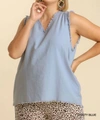 UMGEE V-NECK SLEEVELESS TOP WITH FRAYED HEM PLUS IN DUSTY BLUE