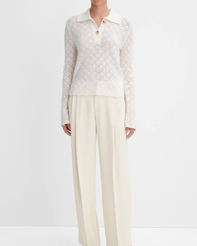 Vince Italian Wool-blend Lace-stitch Polo Sweater In Off White
