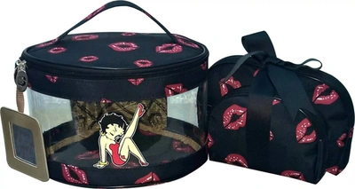 Betty Boop Women's Makeup Bag 3 Pieces Set In Black With Leg Up & Lips In Multi
