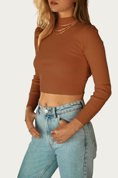 Endless Blu. Cropped Open-back Mock Neck Sweater In Amber Brown In Multi