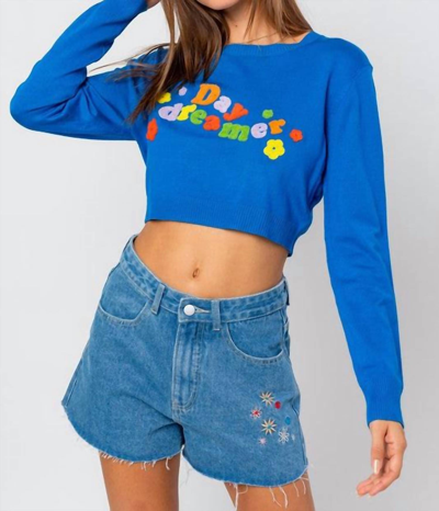 Le Lis Day Dreamers Embroidered Long Sleeve Crop Top In Blue