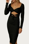 Endless Blu. Solid Rib Cross Front Midi Dress In Black In Black