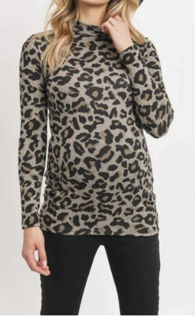 Hello Miz Mock Neck Leopard Print Maternity Knit Top In Tan In Multi