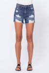 SNEAK PEEK FRAYED HEM DISTRESSED DENIM SHORTS IN MEDIUM BLUE