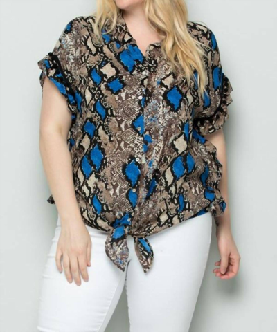 See And Be Seen Button Down Tie Front Blouse In Blue Snakeskin In Multi