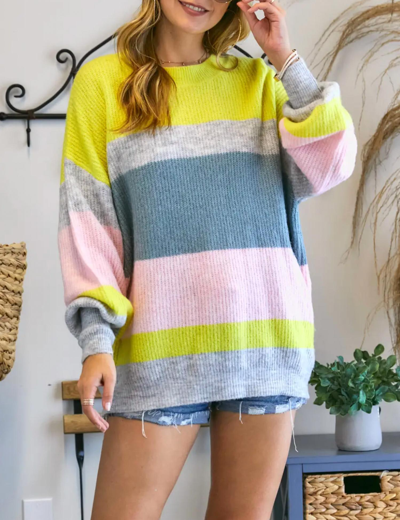 Adora Striped Crewneck Sweater In Yellow/grey/pink In Multi