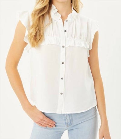Love Tree Woven Solid Ruffle Neck Button Front Blouse In White